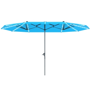 Outsunny 15ft Double-Sided Outdoor Umbrella with Solar Lights, UPF50+ Extra Large Aluminum Patio Umbrella with Crank, Blue