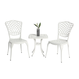 3-Piece Bistro Set with 2 Chairs and 1 Round Table, Adjustable Foot Caps, Classical Design, Rustproof Cast Aluminum Patio Furniture, White