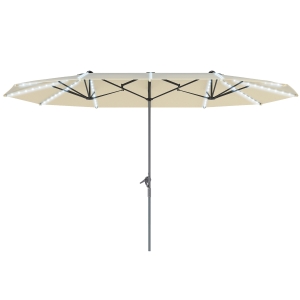 Outsunny 15ft Double-Sided Outdoor Umbrella with Solar Lights, UPF50+ Extra Large Aluminum Patio Umbrella with Crank, Cream White