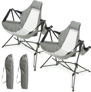Set of 2 Hammock Camping Chair with Adjustable Back, Cup Holder, Carry Bag, Folding Portable Rocking Chair, 35" L x 38" W x 42" H, Gray