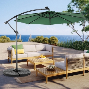 10ft Solar LED Offset Hanging Market Patio Umbrella with Easy Adjustment, Steel Frame, 8 Ribs, 116" L x 116" W x 98.5" H, Dark Green