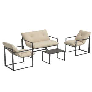 Outsunny 4 Piece Outdoor Furniture Set, Patio Conversation Set with Tempered Glass Table, Loveseat, 2 Chairs and Cushions, Beige