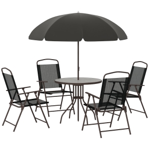 Outsunny 6 Piece Patio Dining Set for 4 with Umbrella, Outdoor Table and Chairs with 4 Folding Dining Chairs & Round Glass Table for Garden, Backyard and Poolside, Black and Coffee