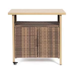 Outdoor Wicker Bar Cart with Plastic Wood Tabletop, 4 Wheels, Rolling Rattan Beverage Bar Counter Table, 35.5" L x 19.5" W x 35.5" H, Light Brown