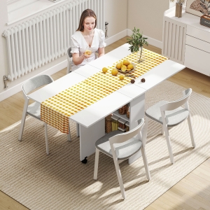 HOMCOM Extendable Dining Table, Collapsible Folding Table w/ 2-tier Shelves and Rolling Casters, White