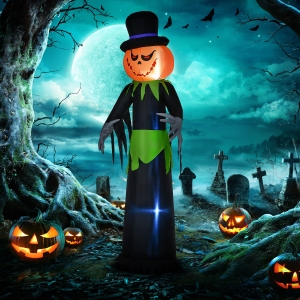 Outsunny 8ft Halloween Inflatable Pumpkin Head Ghost in A Hat, Outdoor Blow-Up Decoration with LED Lights for Yard Display
