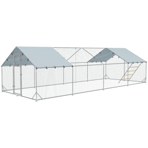PawHut Metal Chicken Run w/ Waterproof & Anti-UV Cover, Feeding Door, Hanging Feeder, for 24-30 Chickens, 9.8' x 26.2' x 6.4'