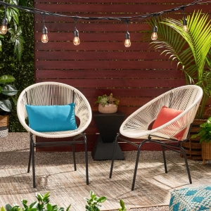 Set of 2 Modern Faux Rattan Club Chair with Iron Frame, Outdoor Patio Seating, Easy Assembly, 29" L x 26" W x 33" H, White