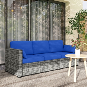 Outsunny 3-Seater Outdoor Sofa with Cushions, PE Rattan Conversation Patio Couch with Pillows for Garden, Poolside, Blue