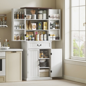 HOMCOM 71" LED Kitchen Pantry Cabinet, Farmhouse Storage Cabinet with Door Shelves, Distressed White