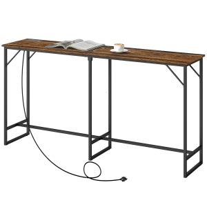 HOMCOM 70" Bar Table with Charging Station, Industrial Rectangular Bar Height Pub Table with Steel Frame, Rustic Brown