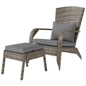 Outsunny Wicker Adirondack Chair Fire Pit Chair w/ Ottoman & Cushions, Gray