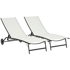Outsunny Chaise Lounge Outdoor, 2 Piece Lounge Chair with Wheels, Tanning Chair with 5 Adjustable Positions for Patio, Beach, Yard, Pool, Cream White