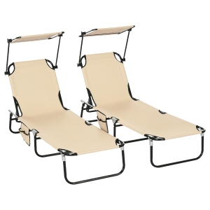 Outsunny Folding Chaise Lounge Pool Lounge Chairs Set of 2, Outdoor Sun Tanning Chairs with Canopy Shade, Reclining Back, Steel Frame and Side Pocket for Beach, Yard, Patio, Tan