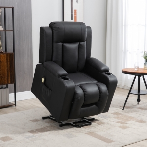 HOMCOM Electric Power Lift Chair for Elderly, PU Leather Recliner Chair with Footrest, Remote Control, Side Pockets and Cup Holders for Living Room, Black