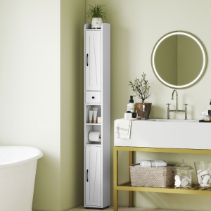 HOMCOM Narrow Bathroom Cabinet, Tall Bathroom Storage Cabinet with Barn Doors, Drawer and Adjustable Shelves, White Wood Grain