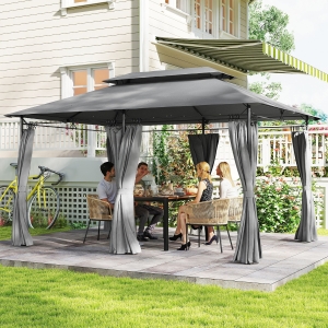 Outsunny 10' x 13' Double Roof Patio Gazebo, Outdoor Gazebo with Curtains, for Garden, Lawn, Backyard and Deck, Dark Grey