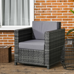 Outsunny Outdoor Rattan Sofa, Patio Wicker Armchair with Cushions for Garden, Balcony, Porch, Grey