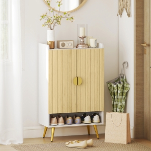 HOMCOM Entryway Shoe Storage Cabinet, Narrow Shoe Cabinet with Adjustable Shelves and Open Shelf for 15 Pairs of Shoes, Natural