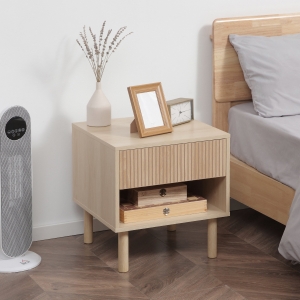 HOMCOM Modern Bedside Table with Drawer and Open Shelf, Sofa Side Table for Bedroom Living Room, Natural