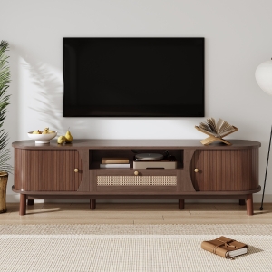 Rattan TV Stand with Solid Wood Doors and Drawers, Natural Country Style Storage Solution, Easy Installation, 65" L x 14.5" W x 18" H, Natural Walnut