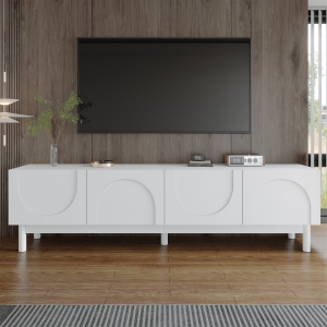 Modern TV Stand with Wave Shaped Doors, Ample Storage and Sturdy Legs, Elegant and Functional Design, 66.5" L x 13.5" W x 18" H, White