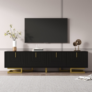 Modern TV Stand with Textured Doors, Gold Handles and Legs, Ample Storage Space, Easy to Install, 63" L x 15" W x 17.5" H, Black
