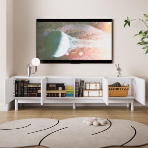 Modern TV Stand with Wave Shaped Doors, Ample Storage and Sturdy Legs, Elegant and Functional Design, 66.5" L x 13.5" W x 18" H, White