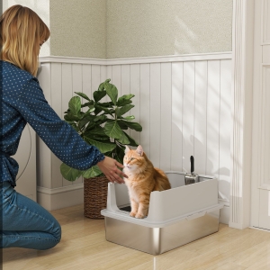 PawHut XL Stainless Steel Cat Litter Box for Big and Multiple Cats with High Wall Side, Scoop, Easy Cleaning & Odor Free