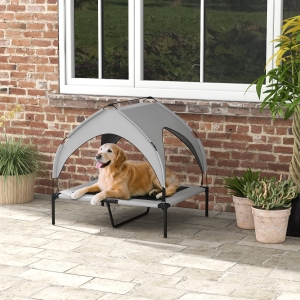PawHut Raised Dog Bed Cooling Dog Cot w/ Canopy Washable Breathable Mesh, for Medium and Large Dogs, Light Grey