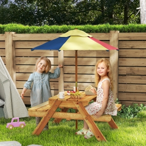 Outsunny Toddler Water Table Kids Sand & Water Table with Removable Foldable Umbrella for Patio Lawn Garden, Aged 3-6 Years Old