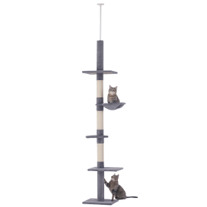 PawHut 102" Adjustable Height Floor to Ceiling Cat Tree, 5 Level Cat Tower with Scratching Posts, Hammock, Gray