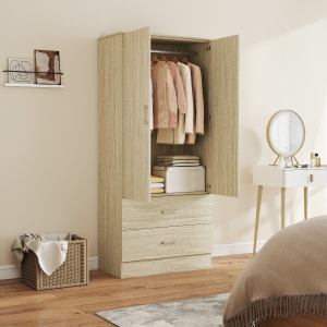 HOMCOM Wardrobe Closet Armoire with Hanging Rod and 2 Doors, Clothes Storage Organizer with 2 Drawers for Bedroom, Oak