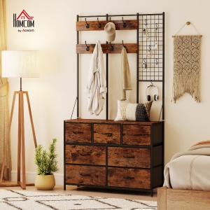 HOMCOM 4-In-1 Coat Rack with 7 Drawer Fabric Dresser, Hall Tree with 14 Hooks for Hallway, Entryway, Bedroom, Rustic Brown