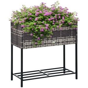 Outsunny Raised Garden Bed, Elevated Planter Box with Rattan Wicker Look, Tool Storage Shelf, Portable Design for Herbs, Vegetables, Flowers, Gray