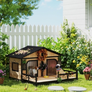 PawHut 59"x64"x39" Wood Dog House Outdoor Cabin-Style Elevated Pet Shelter with Porch Deck, Beige