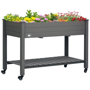 Outsunny 47" x 21" Raised Garden Bed Elevated Wooden Planter Box w/ Lockable Wheels, Storage Shelf for Backyard, Dark Gray