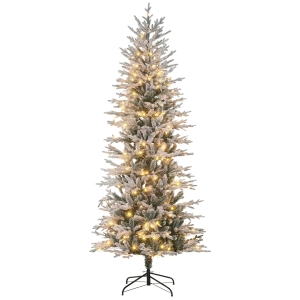 HOMCOM 7.5' Pre Lit Artificial Flocked Christmas Trees, with Snow Branches, Warm Yellow Clear Lights, Auto Open, Extra Bulb