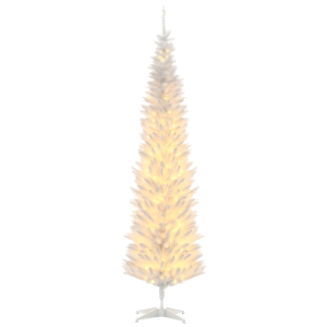 HOMCOM 7ft Pencil Christmas Tree, Slim Artificial Christmas Tree with Realistic Branches and Warm White LED Lights, White