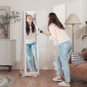 HOMCOM 360° Swivel Jewelry Armoire, Lockable Mirror Jewelry Cabinet with Built-In Small Mirror, White