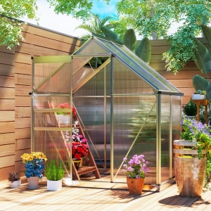 Outsunny 6' x 4' x 6.6' Walk-in Greenhouse, Polycarbonate Greenhouse with Adjustable Roof Vent, Base, Sliding Door, Clear