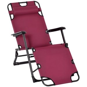Outsunny Folding Chaise Lounge Chair for Outside, 2-in-1 Tanning Chair with Pillow & Pocket, Adjustable Pool Chair for Beach, Patio, Lawn, Deck, Red