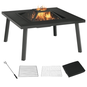 Outsunny 34" Fire Pit with Grill, Metal Outdoor Wood Burning Firepit with Spark Screen, Fire Poker, Cover, Table Lip, Black