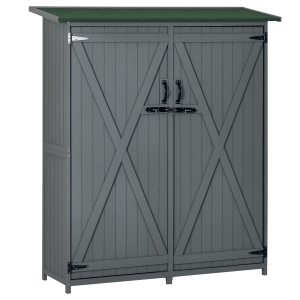 Outsunny Outdoor Storage Cabinet Wooden Garden Shed Utility Tool Organizer with Waterproof Asphalt Rood, Lockable Doors, 3 Tier Shelves for Lawn, Backyard, Gray