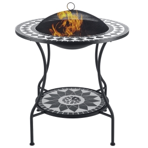 Outsunny 30" Outdoor Fire Pit Dining Table, 3-in-1 Round Wood Burning Fire Pit Bowl, Patio Ice Bucket with Storage Shelf, Spark Screen Cover for BBQ, Bonfire, Camping, Mosaic