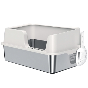 PawHut Stainless Steel Litter Box with High Side, Scoop, Easy Cleaning & Anti-Urine Leakage, for Big Cats, Light Gray