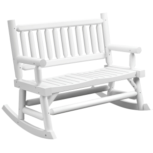 Outsunny 2-Person Wood Rocking Chair with Log Design, Heavy Duty Loveseat with Wide Curved Seats for Patio, Backyard, Garden, White