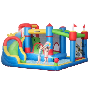 Outsunny 6-in-1 Inflatable Bounce House with Slide, Climbing Wall, Water Cannon, and More, Inflatable Water Slide for Kids with 2 Min. Inflation