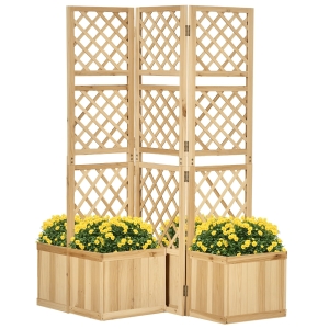 Outsunny Freestanding Outdoor Privacy Screen with 4 Self-Draining Raised Garden Beds, 3 Hinged Privacy Panels for Hot Tub, Pool, Patio, Backyard, Deck, Natural Wood