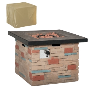 Outsunny 32 Inch Outdoor Propane Gas Fire Pit Table, 50,000 BTU Auto-Ignition Square Faux Ledge Stone Gas Firepit with Lava Rocks and Rain Cover, CSA Certification, Brown